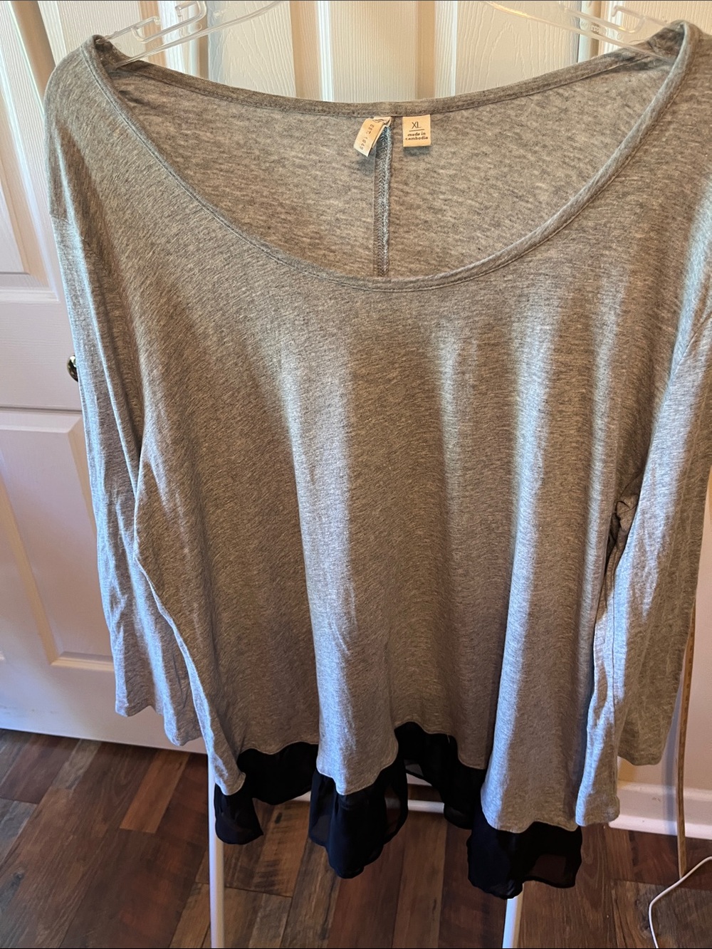 Cato Gray Long Sleeve Layered Hem Top with Black Ruffle